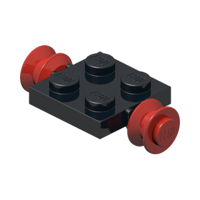 Plate, Modified 2 x 2 with Red Wheels · Réf. BrickLink 122c01 · Couleur BrickLink : Black