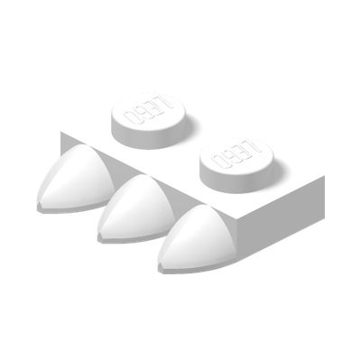 1X2 PLATE WITH 3 TEETH · LEGO 6046381 (réf. BrickLink 15208) · White (réf. BrickLink White)