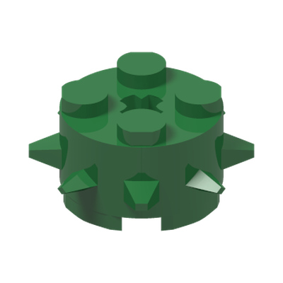 Brick, Round 2 x 2 with Spikes and Axle Hole · LEGO 6299948 (réf. BrickLink 27266) · Dark Green (réf. BrickLink Green)