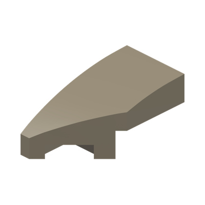 LEFT PLATE 1X2, W/ BOW, 45 DEG. CUT · Sand Yellow (réf. BrickLink Dark Tan)