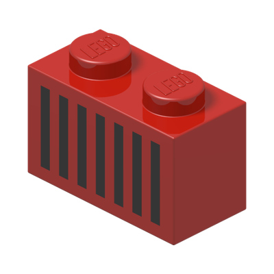 Brick 1 x 2 with Black Grille with 7 Vertical Lines Pattern · Réf. BrickLink 3004p06 · Couleur BrickLink : Red