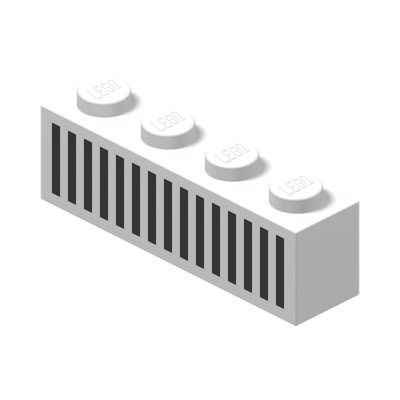 Brick 1 x 4 with Black Grille with 15 Vertical Lines Pattern · Réf. BrickLink 3010p04 · Couleur BrickLink : White