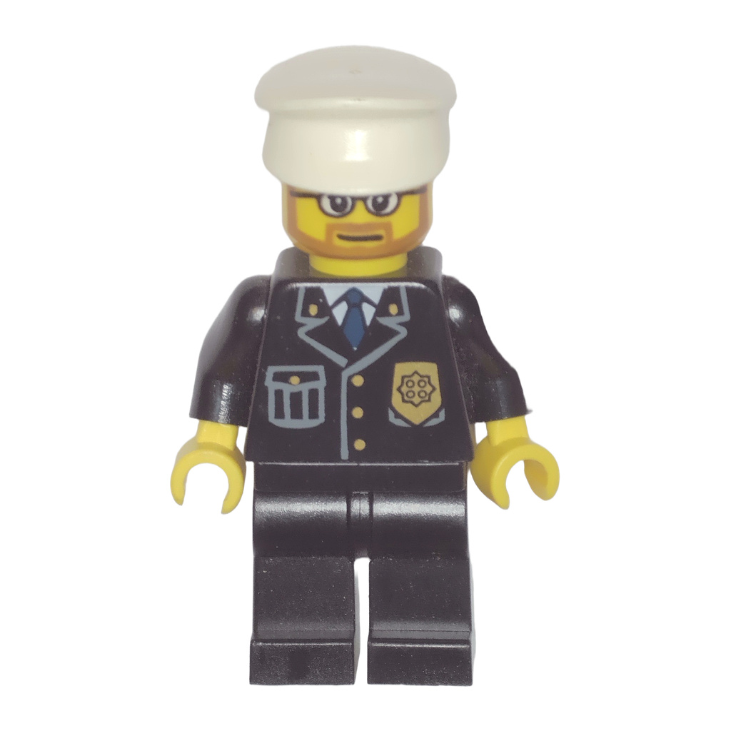 Police - City Suit with Blue Tie and Badge, Black Legs, White Hat, Beard and Glasses · cty0097
