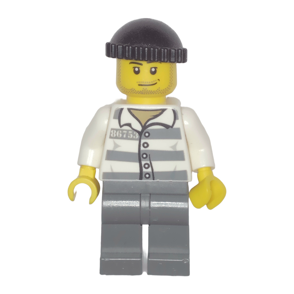Police - Jail Prisoner 50380 Prison Stripes, Dark Bluish Gray Legs, Black Knit Cap, Smirk and Stubble Beard · cty0200