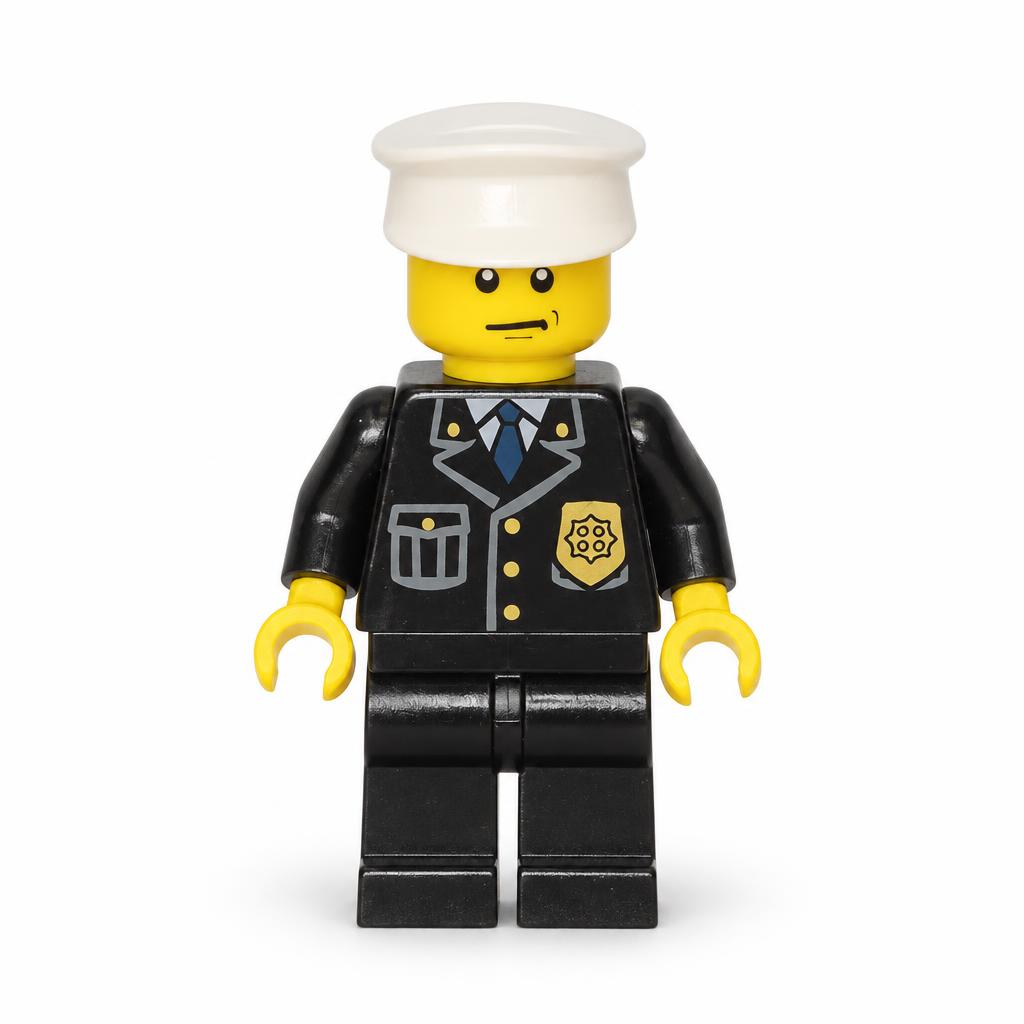 Police - Costume de ville avec cravate et badge bleus, jambes noires, froncement de sourcils, chapeau blanc · cty0008