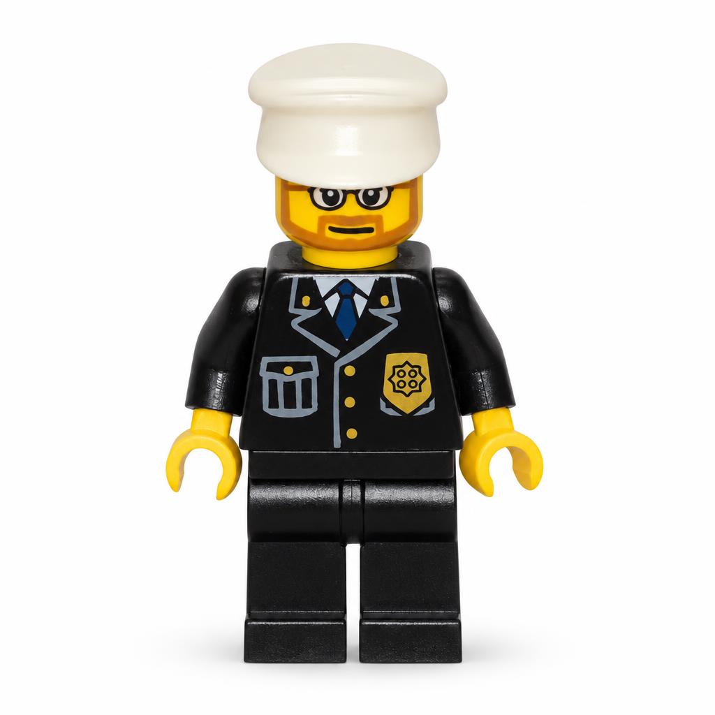 Police - Costume de ville avec cravate bleue et badge, jambes noires, chapeau blanc, barbe et lunettes · cty0097