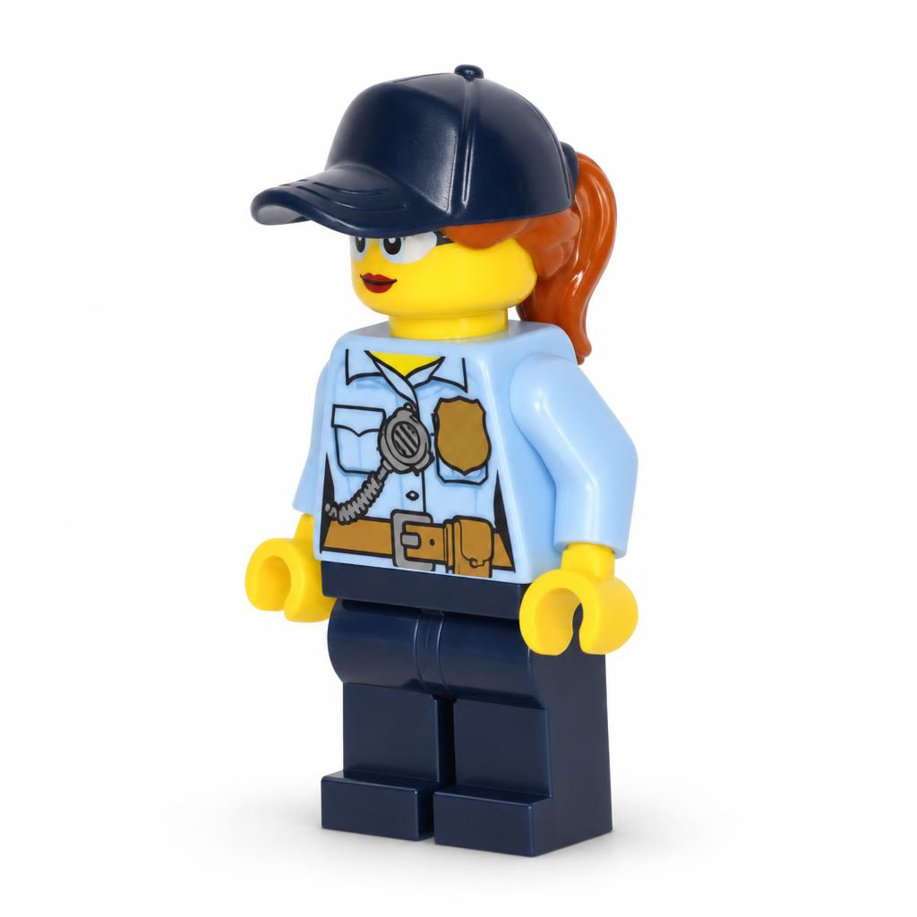 Police - City Officer Female, Bright Light Blue Shirt with Badge and Radio, Dark Blue Legs, Dark Blue Cap with Dark Orange Ponytail, Safety Glasses · cty1525