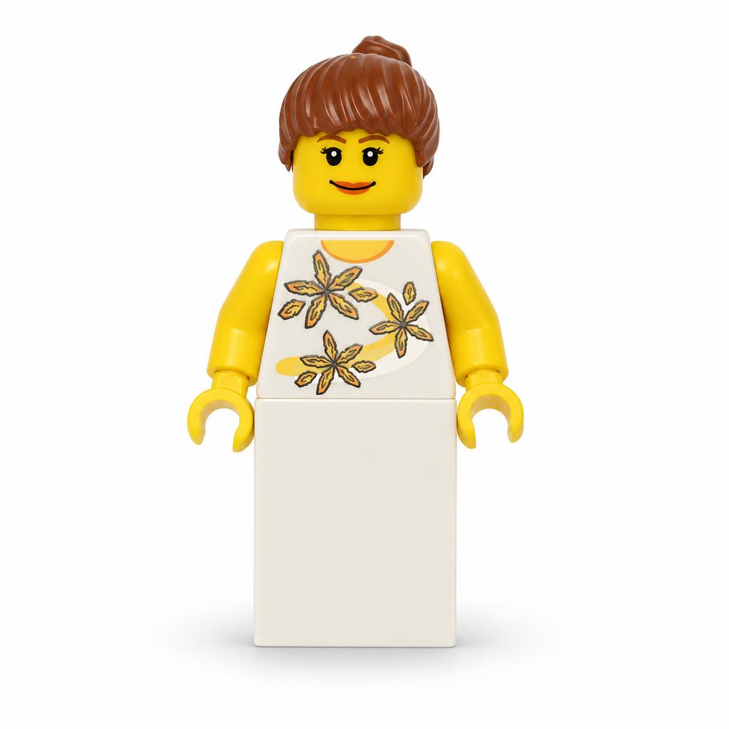 Yellow Flowers - Reddish Brown Ponytail Hair, White Skirt · twn065