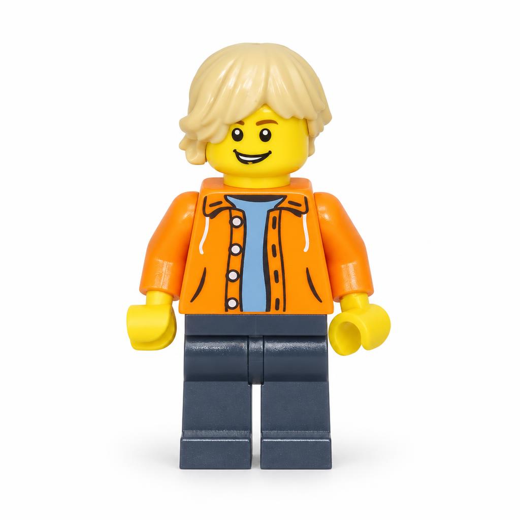 Orange Jacket with Hood over Light Blue Sweater, Dark Blue Legs, Tan Tousled Hair, Open Lopsided Grin · twn305