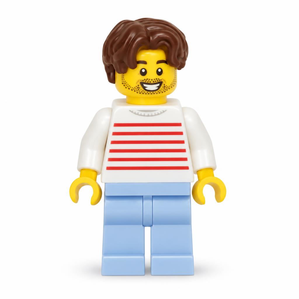 Résident de la maison moderne - Homme, pull blanc avec rayures horizontales rouges, jambes bleu clair vif, cheveux brun foncé ondulés · twn505