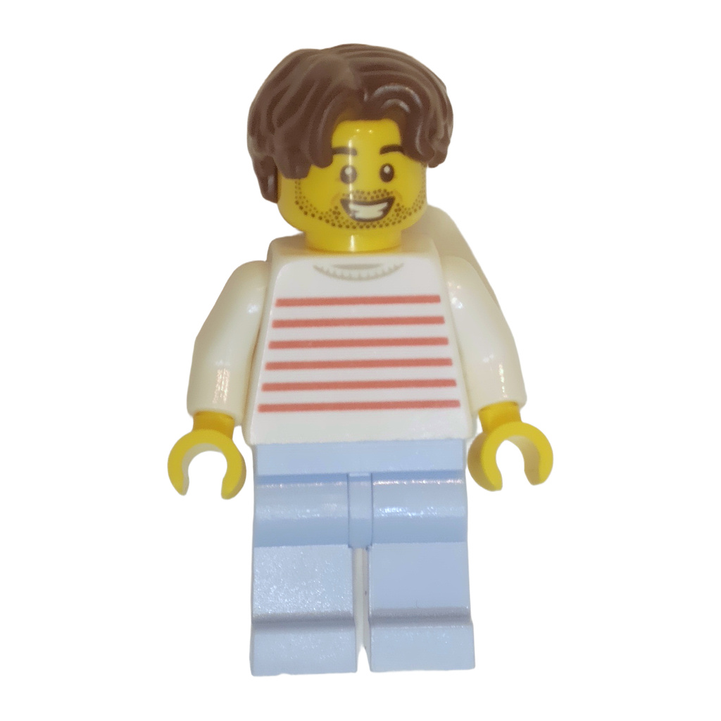 Modern House Resident - Male, White Sweater with Red Horizontal Stripes, Bright Light Blue Legs, Dark Brown Hair Wavy
