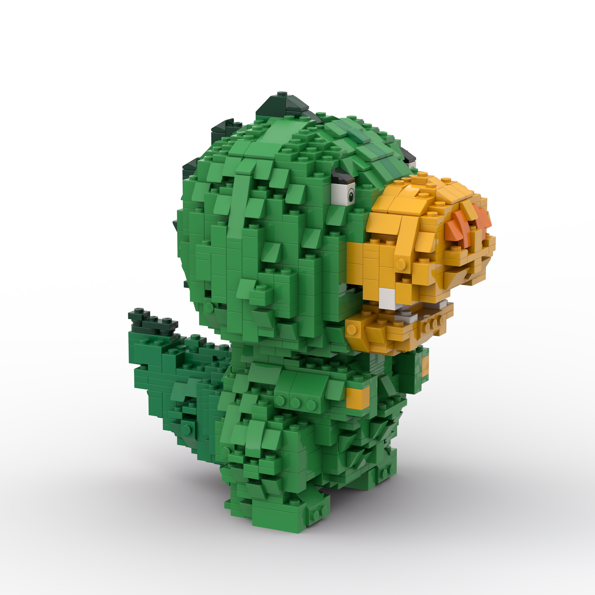 Exemple de rendu dans Studio : dinosaure vert et jaune composé de briques LEGO